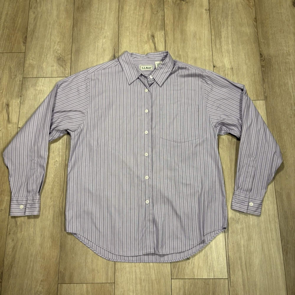 LL BEAN Shirt Womens Size Medium Button Up Blouse Top Striped Purple